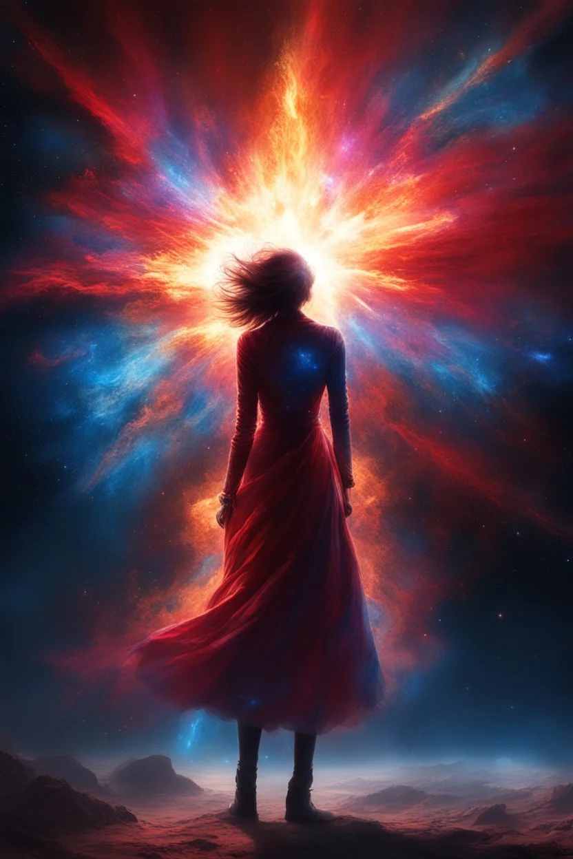 A spectacularly igniting supernova shines brightly amidst the darkness of space, captivatingly watched by an enigmatic man. The explosion of colors and light creates a mesmerizing display in the image, which is most likely a breathtaking digital artwork. The vivid explosion painted in vivid shades of crimson, gold, and electric blue, beautifully contrasts against the woman's shadowed figure, adding a sense of mystery and wonder to the scene. The clarity and detail in this visually stunning com