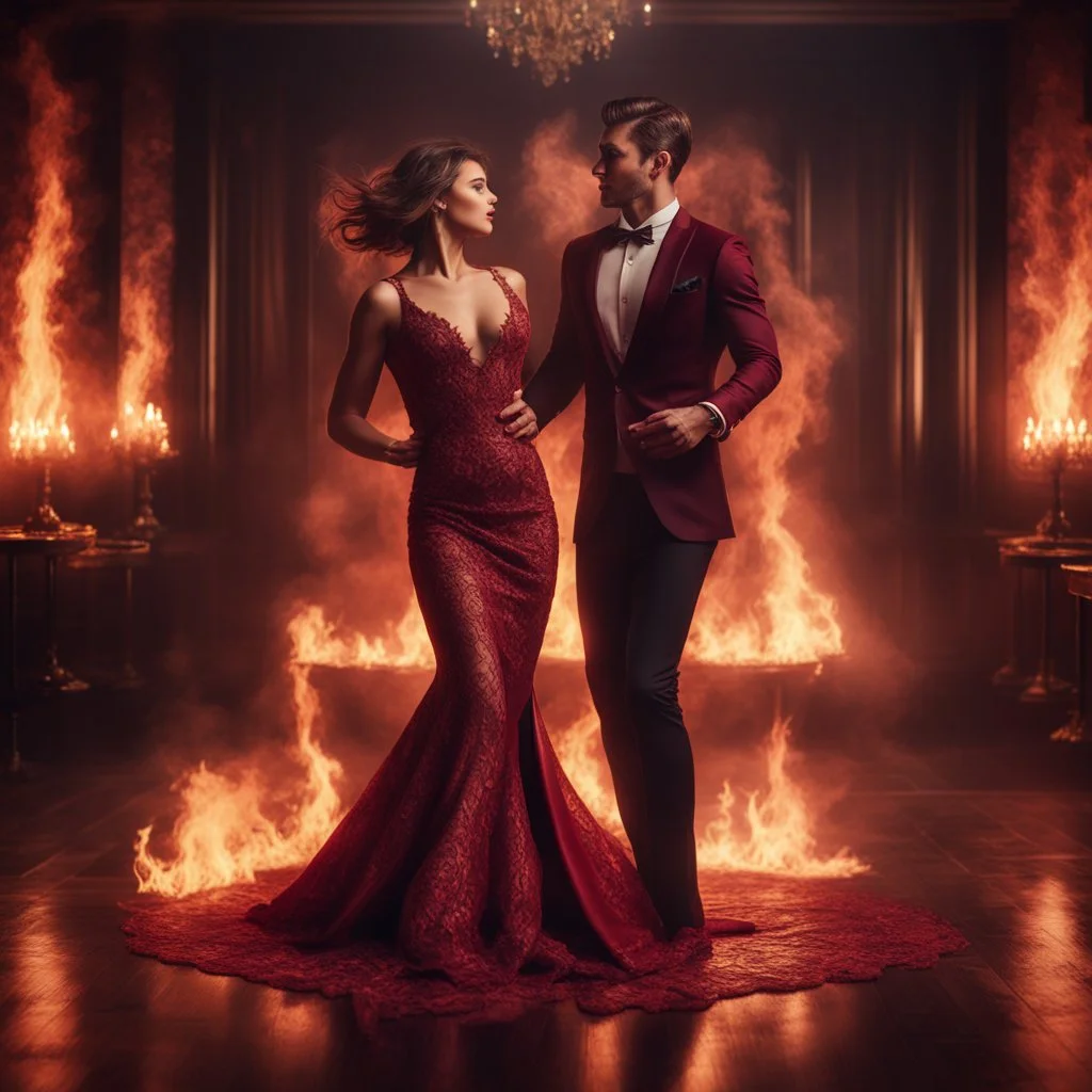 Hyper Realistic handsome muscular guy in flame-patterned-maroon-tuxedo & a beautiful girl in classy-maroon-gown-with-golden-lace dancing in Dark-Room-with-embers.