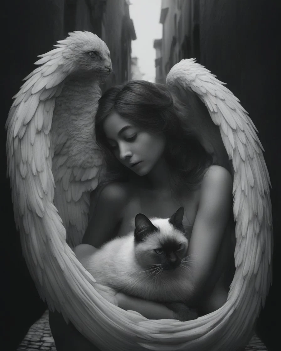 Prompt: An closeup portrait of a ultra-realistic black-and-white cinematic photograph with dramatic chiaroscuro lighting and a soft depth-of-field, inspired by fine art street photography. A guardian-like angelic woman with large, detailed wings crouches protectively in a narrow cobblestone alley, gently holding a sleeping Oriental Shorthair Siamese chocolate point cat in a clearly protective and caring posture, conveying safety, warmth, and compassion. The alley is enclosed by tall urban buildi