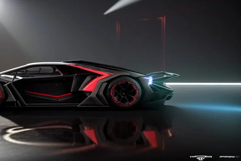 close-up of 2017 lamborghini terzo millennio concept, brushed aluminium body, carbon fibre accents, dark concrete room with black reflective floor, global illumination, ringlight, fog machine, spotlight on lamborghini, centered full perspective wideangle view, pivot on lamborghini