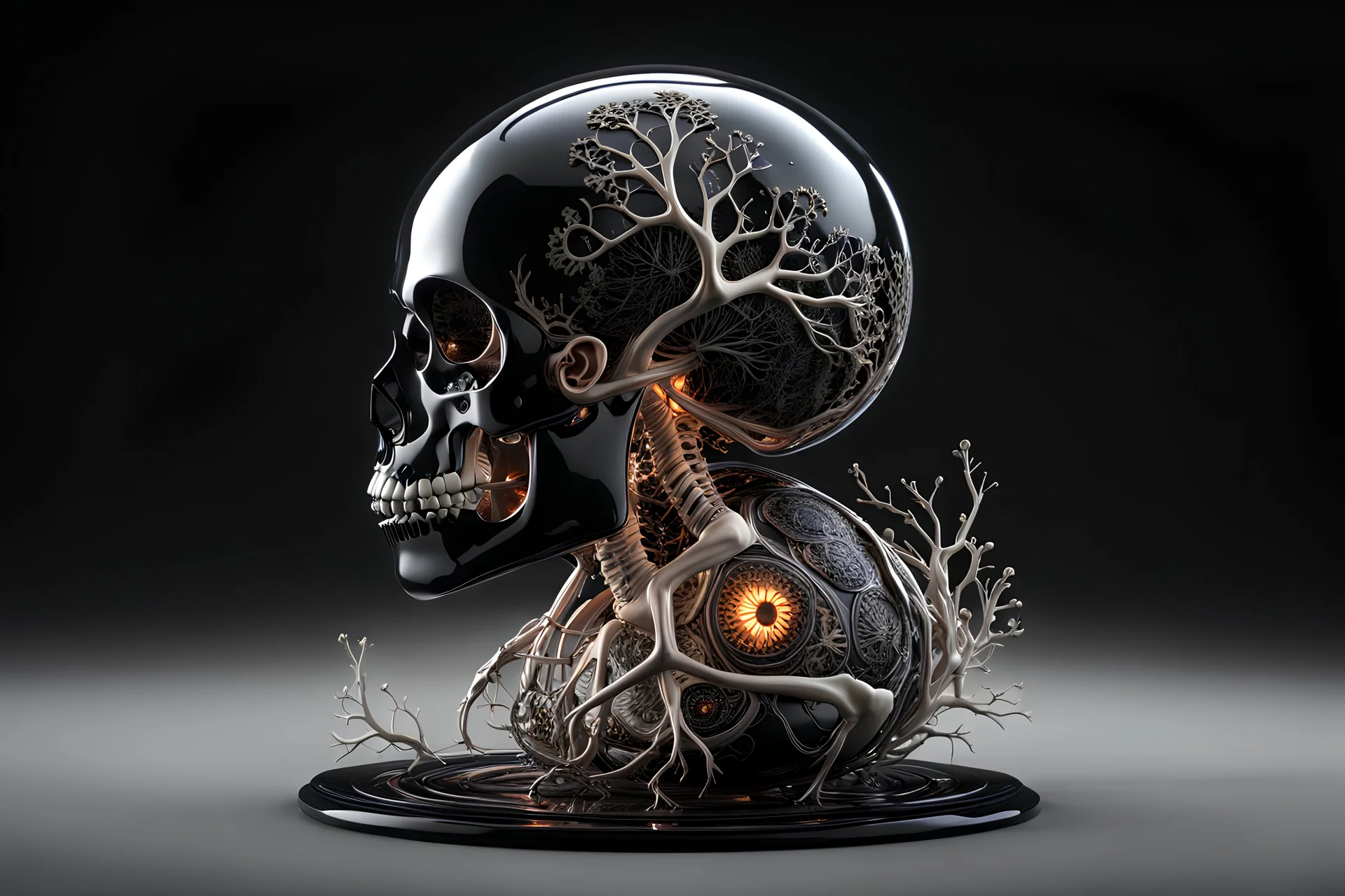 3D rendering of Expressively detailed and intricate of a hyperrealistic “fetus”: glossy black, side view, full body, single object, black background, shamanism, octane render, 8k post-production, detailled metalic bones, dendritic, artstation: award-winning: professional portrait: atmospheric: commanding: fantastical: clarity: 16k: ultra quality: striking: brilliance: stunning colors: amazing depth