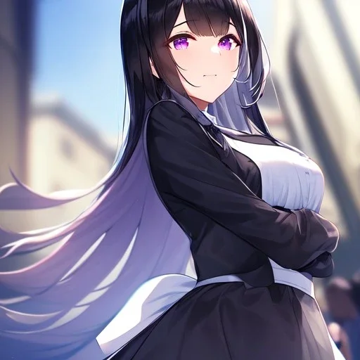 Clear focus,High resolution, Black long hair, Purple eyes, Wearing a maid outfit with a short skirt, blurry background, a seductive look on her face, seductive smile