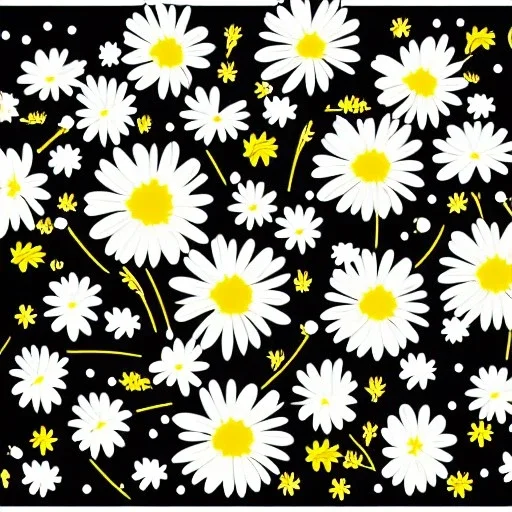 illustration of a bouquet of white daisies, digital illustration, thin black lineart, vector art, photoshop, plain yellow background, minimalist art