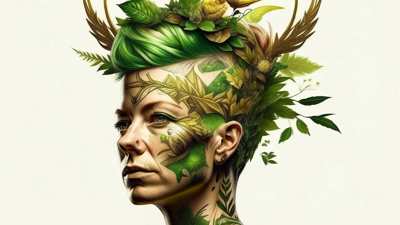 white background, punk 45 years old, forest on head, plant hair, green plants, golden birds, golden makeup, tattoo, shiny aura, very detailed, fine rendering, high detail, high resolution, 8K