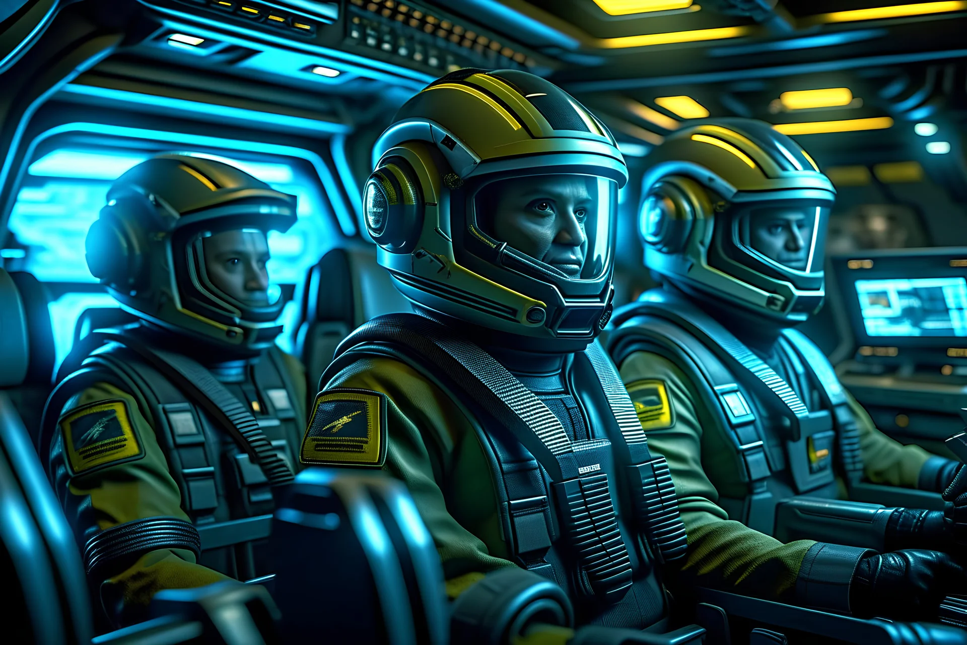 tight shot of co-pilots in starlet security squadron fighter cockpit. lots of camouflaged detail. battalion returns home triumphant. galactic star squadron 9-4-c matltranack delta. world class cinematic special effects cgi airbrushed landscapes. still shot. in plain sight under the collective nose of entire global population. coherent.