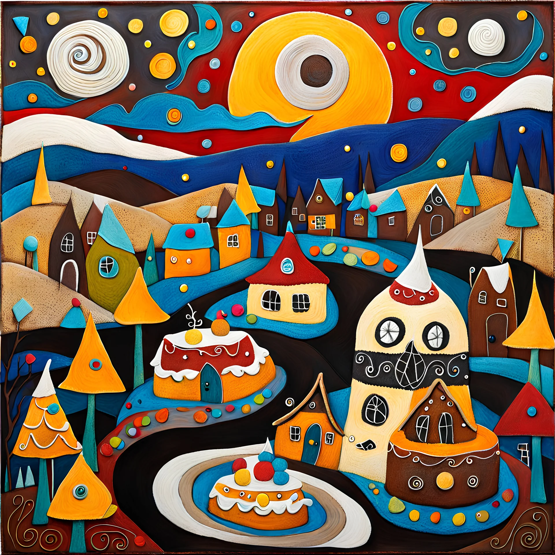 Folk art painting, Nightmare before Christmas made of cake-frosting and felt, village, Max Ernst, neutral natural colors, mixed media