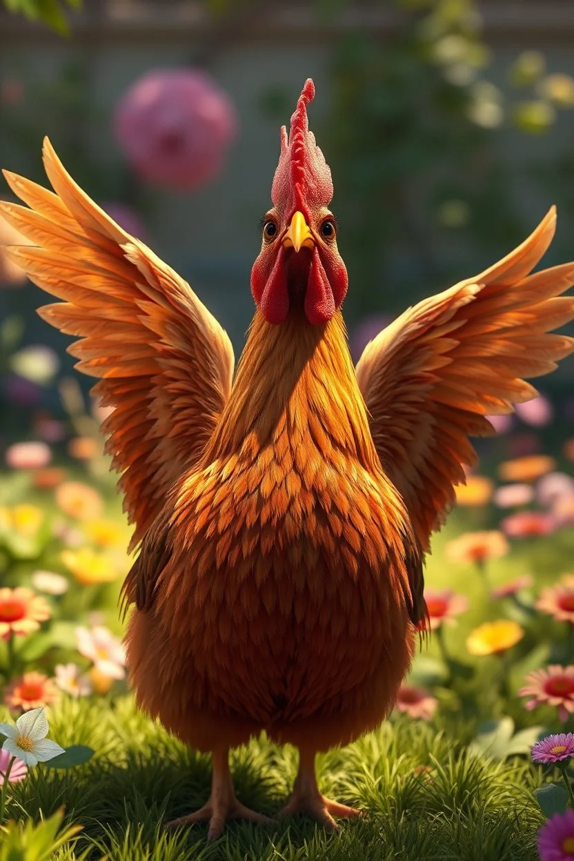 pixar style, volumetric summer garden environment and background, realistic painting of chicken with very big wings looking excited, volumetric lighting, dramatic lighting, detailed digital painting, extreme dense and fine fur, anime, ornate, colour-washed colors, elegant, small minutiae, tiny features, particulars, centered, smooth, sharp focus, renderman gofur render, 8k, uhd, detailed eyes, realistic shaded volumetric lighting, sunlight caustics, backlight, centered camera view