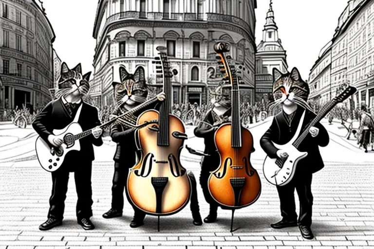 Group mature cats musicians, guitar drum, singing, street, Vienna, smiling, sunny day, model style, hyper realistic, extremely accurate, delicate, extremely detailed, Graphic novel style, wide-angle, open aperture, superfine pencil