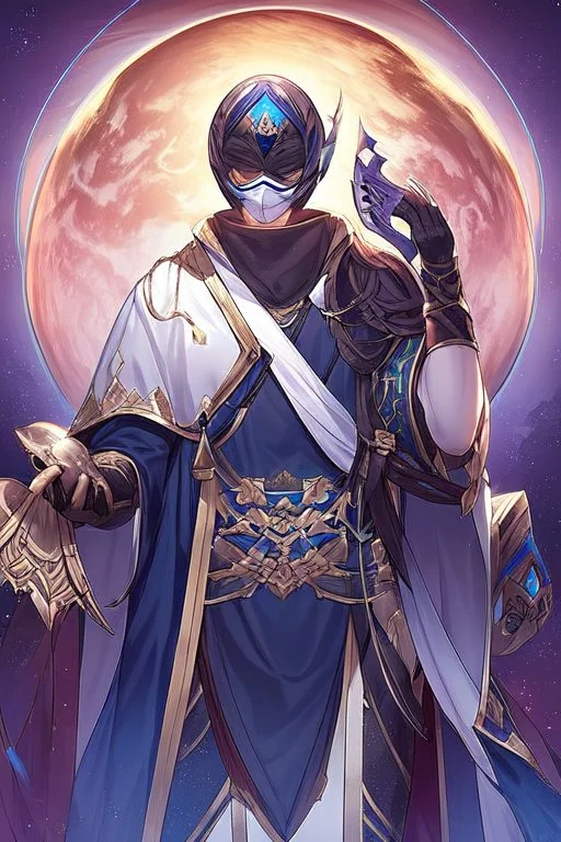 Planet Mercury portrayed as a masked human wearing robes, the right side of the mask is black with open white eye, the left side of the mask is white with closed eye.