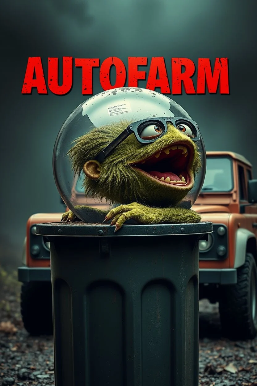 DIRTY CUTE HOT EUROPEAN Oscar the AUTOFARM Grouch SESEME ST CHARACTER IN LARGE BALL INSIDE LADY,GARBAGE TRASH BIN, side profile, "GARBAGE TRASH BIN IN FRONT" man in super blackscary (((((autofarm)))))) TITLE in movie poster movie style horror look. as five headed mouth open, rough teeth, turn head around, landrover crash in background, Mood/Atmosphere(BUSIN HORROR)(&*&*^%$^#%$#%$^%$#^#$#^%#$^$#