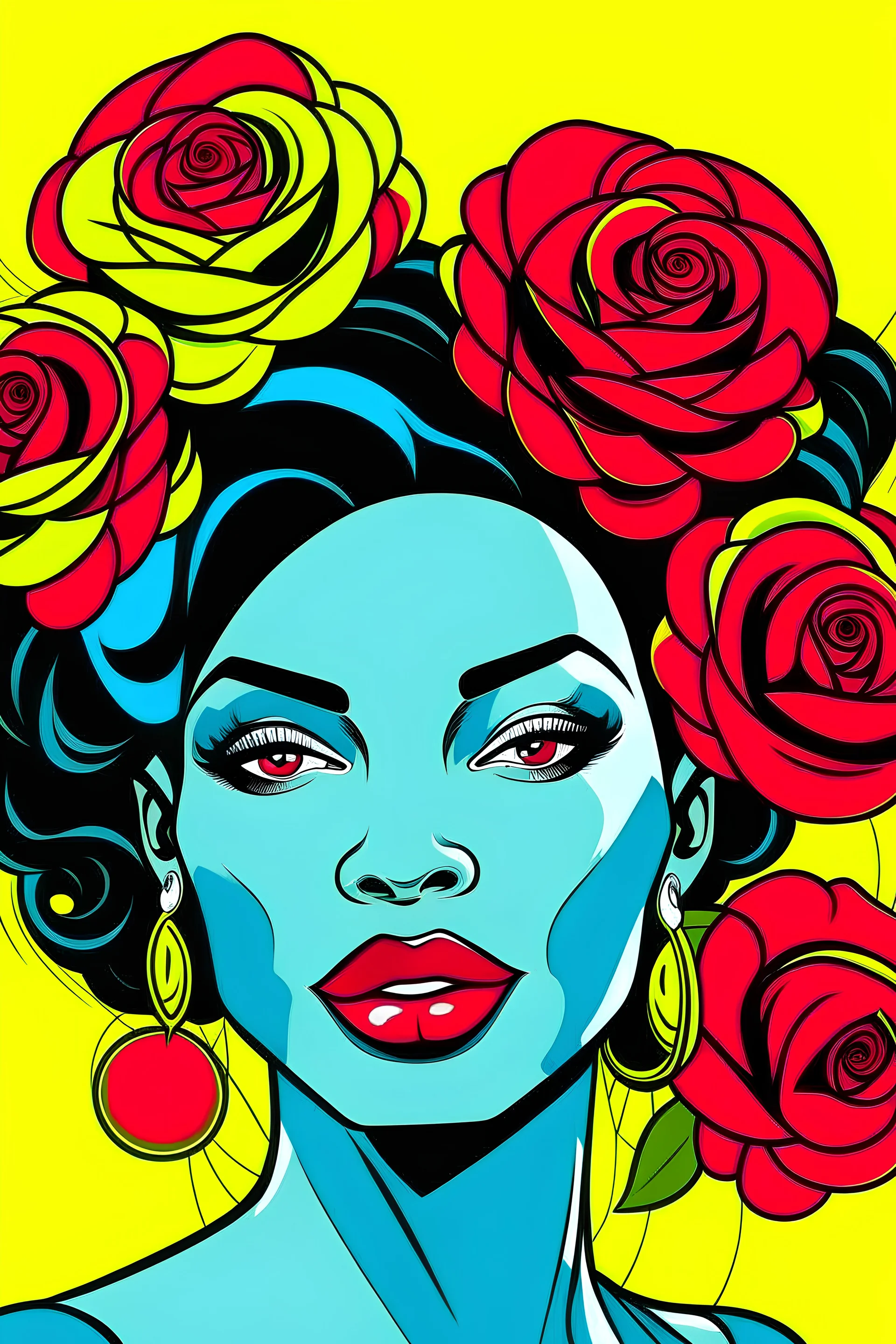 a black woman with roses on her hair cartoon pop art