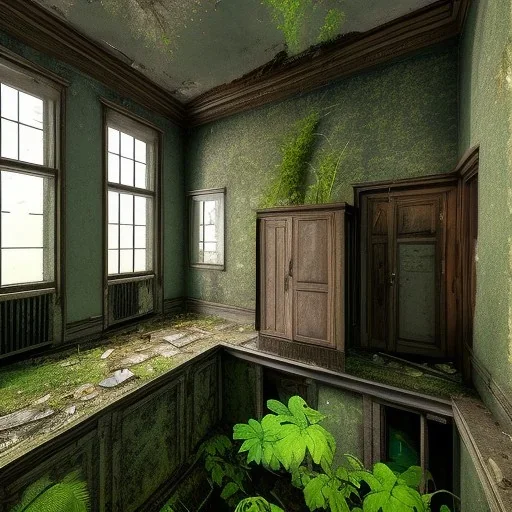 Abandoned house, overgrown, partially submerged,Interior