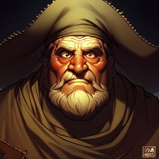 Portrait of old rough pirate :: : lithograph, ink drawing :: : trending on artstation, insane details :: : ART OF BOB KEHL style:.studio ghibli,andrea bonelli,Kilian Eng,Ohrai, korra character, style.