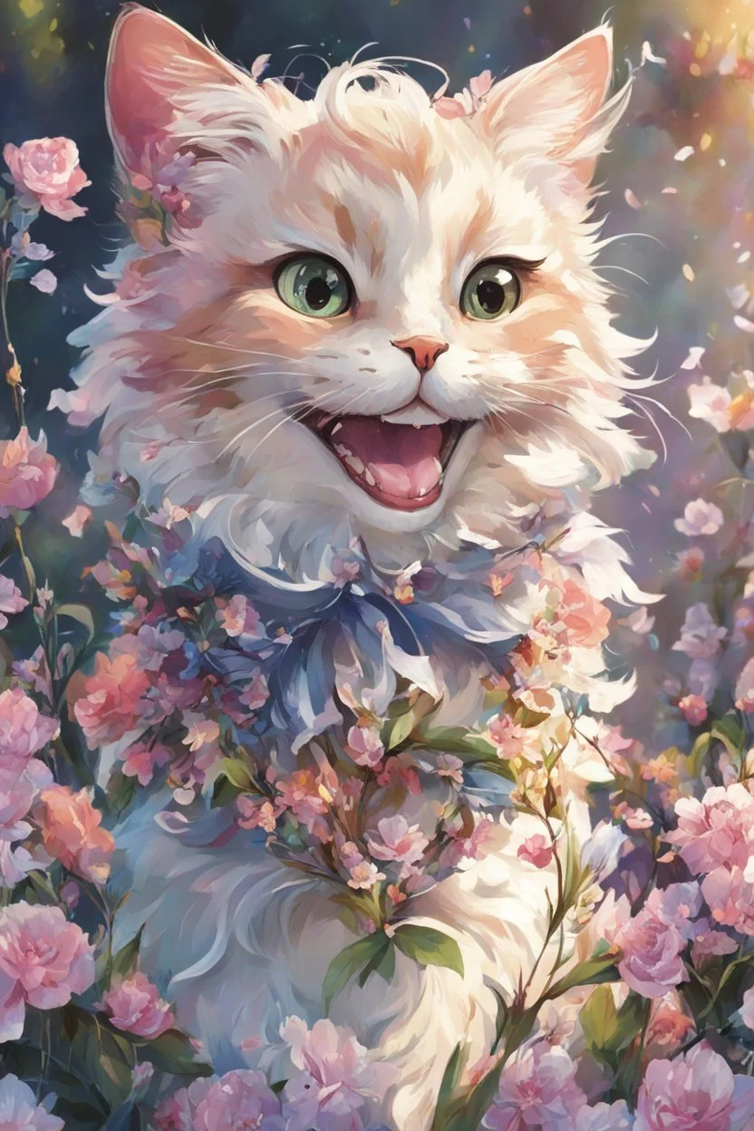 high resolution,best quality anime, highres,Full Body, 8k character concept,8k, pixiv, illustration, ultra-detailed, face focus,Line Art,Ink,acrylic painting,pastel painting,mysterious,elaborate,dof,Laughing cat with a bouquet of flowers,confetti of flowers, kawaii, thick eyebrows, smile, pastel colors, pop art, anime style, very delicate brushwork, clear, vivid, face Clear