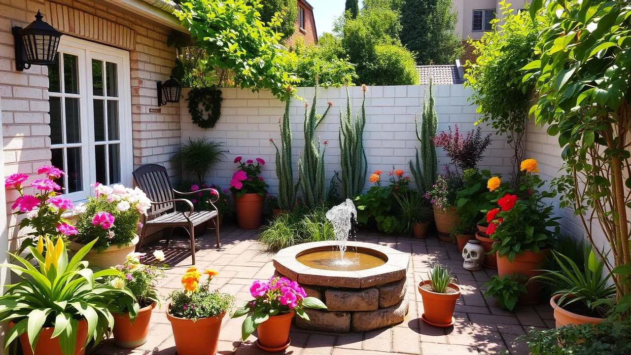 A compact yet beautiful garden for busy people, consisting of a patio area adorned with potted flowers and a small water feature. Lush green plants spill over the edges, creating a vibrant oasis under a bright summer sun.