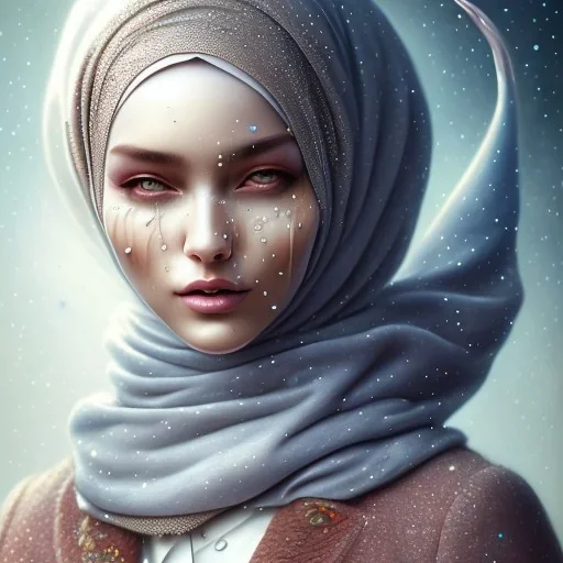 dripping, runnt, melting watercolor painting as woman's face, wearing hijab, fine detail, highly intricate, modern surrealism painting, fog, high-quality, volumetric lighting, 8k, ultrahd, George Grie, Marco Escobedo, Igor Morski,Brian Froud, Howard Lyon, Selina French,