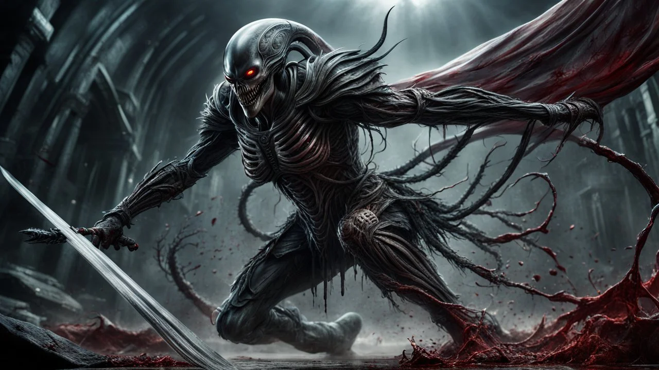 a horrifying ghost warrior attacking with a black sword. brutal carnage on a battle field. fantasy setting. h.r. giger. alien armor fused to the skin. blood. broken armor. gloves. intense horror. blind terror. scared to death. a masterpiece, fantasy concept art, dynamic lighting, hyperdetailed, intricately detailed, deep color, Unreal Engine, volumetric lighting, Epic cinematic brilliant stunning intricate meticulously detailed dramatic atmospheric maximalist digital matte painting