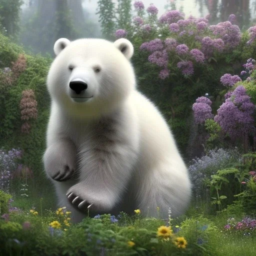 pixar style, volumetric summer garden environment and background, realistic painting of an polar bear, looking excited, volumetric lighting, dramatic lighting, detailed digital painting, extreme dense and fine fur, anime, ornate, colour-washed colors, elegant, small minutiae, tiny features, particulars, centered, smooth, sharp focus, renderman gofur render, 8k, uhd, detailed eyes, realistic shaded volumetric lighting, sunlight caustics, backlight, centered camera view