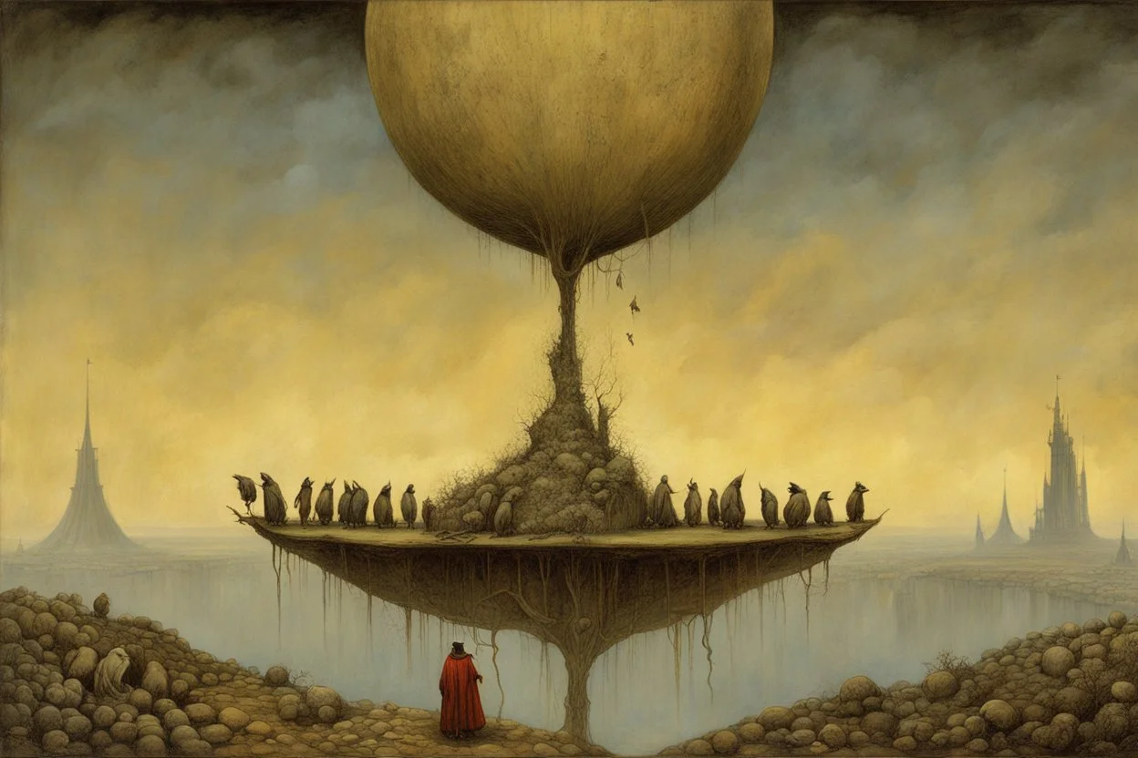 Where lies the strangling fruit that came from the hand of the sinner I shall bring forth the seeds of the dead to share with the worms that gather in the darkness and surround the world with the power of their lives while from the dimlit halls, by Jean Baptiste Monge, by Zdzislaw Beksinski, by Yves tanguy, fantastic surreal art, dramatic, kinetic, eerie primary colors, matte oil painting.