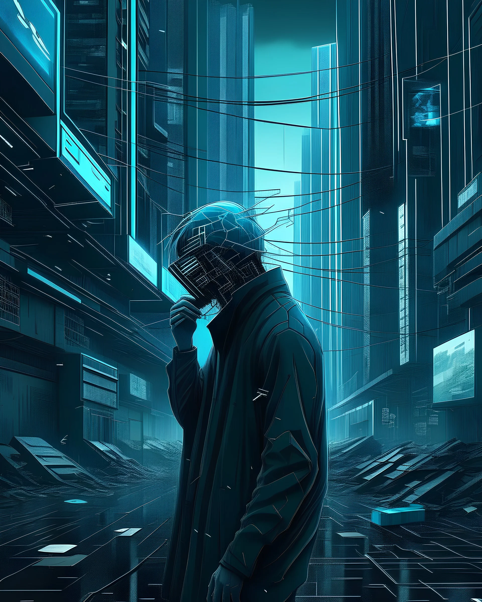 Amidst a chaotic, dystopian city overrun by digital glitches and cyber threats, a bewildered figure struggles to protect their financial data, feeling overwhelmed and confused. The atmosphere is disorienting and filled with anxiety.