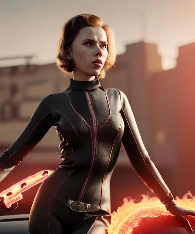 retro sci-fi portrait image from 1960, supermarket parking explosion, fire, classic black widow, young Scarlett Johansson, classic black tight lycra latex suit, retro 1960 superhero style, soft color, highly detailed, unreal engine 5, ray tracing, RTX, lumen lighting, ultra detail, volumetric lighting, 3d, finely drawn, high definition, high resolution.