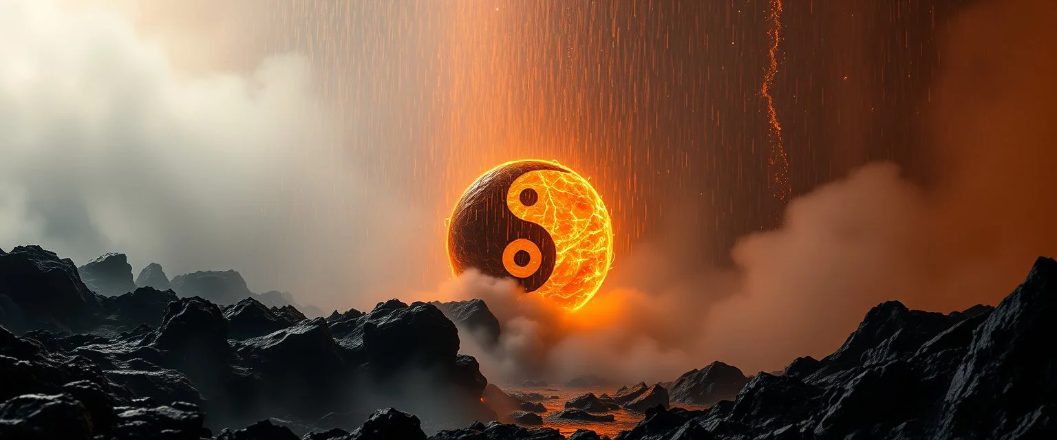 yin yang, earth elementals dancing under lava shower, depth of field, volume light, fog, a fluffy quickling twister