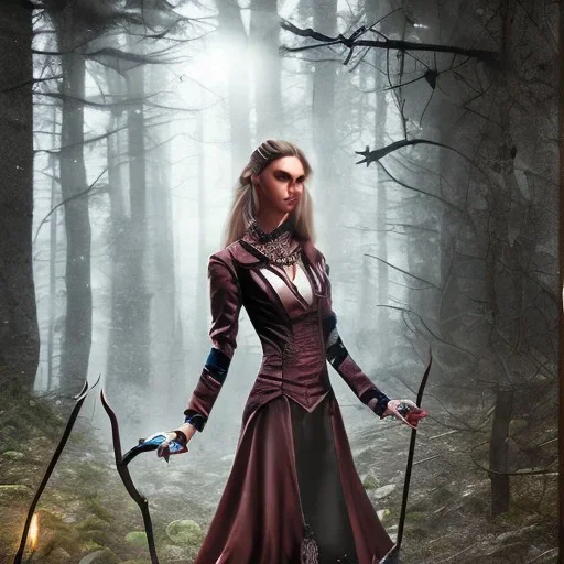  Woman witch horner in the dark forest