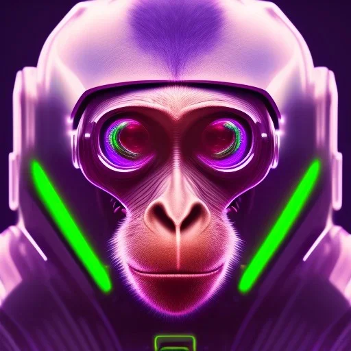 A beautiful portrait of a cyborg monkey purple neon color scheme, high key lighting, volumetric light high details psychedelic background