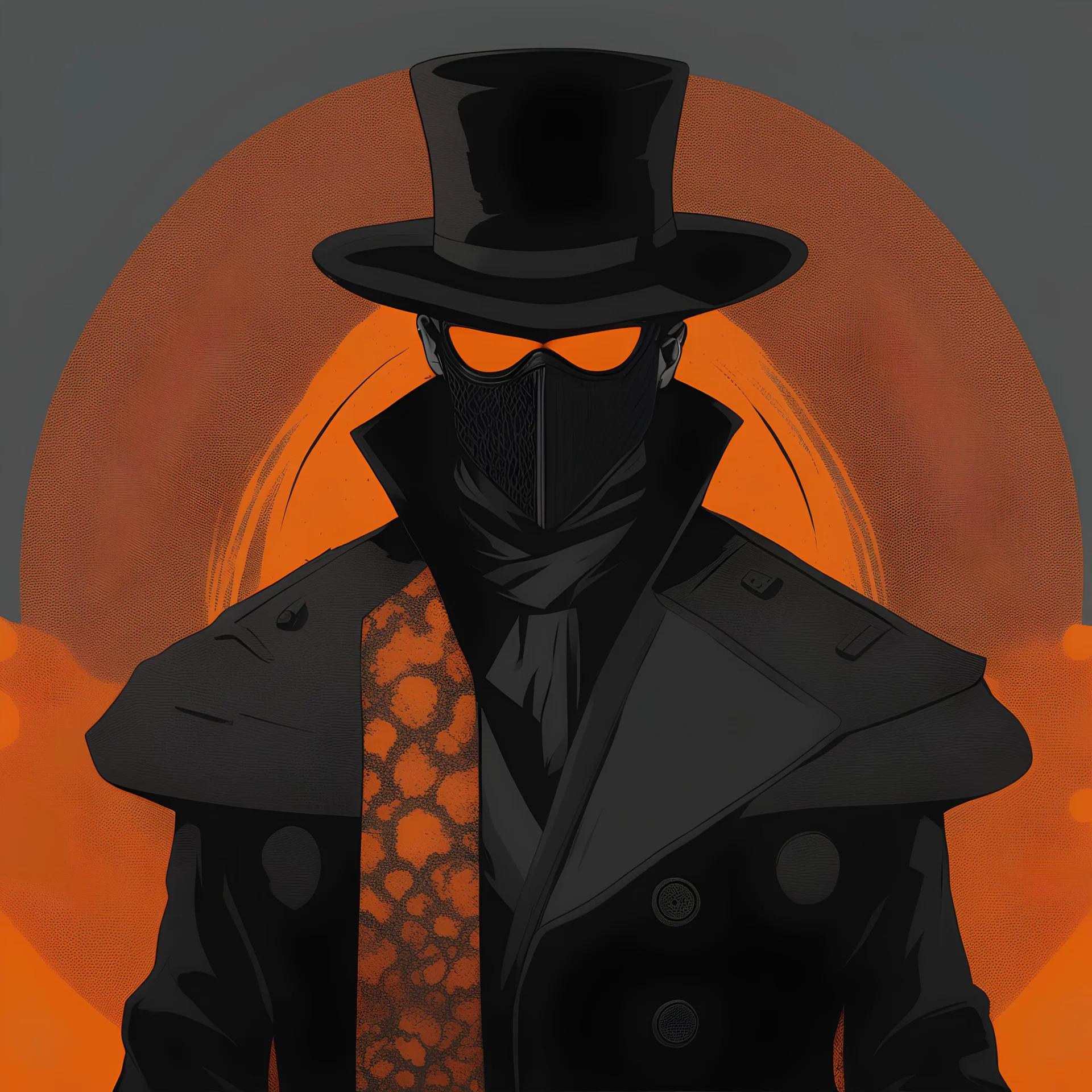 warlock, black hat, black mask with ash orange patterns, black trench coat with ash orange patterns, dark, ominous, ash orange, grey background, profile picture, simplistic design