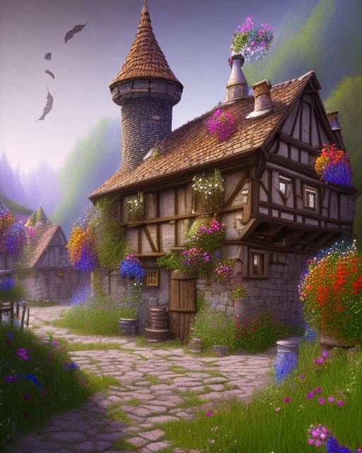 medieval fantasy village with flowers rpg art