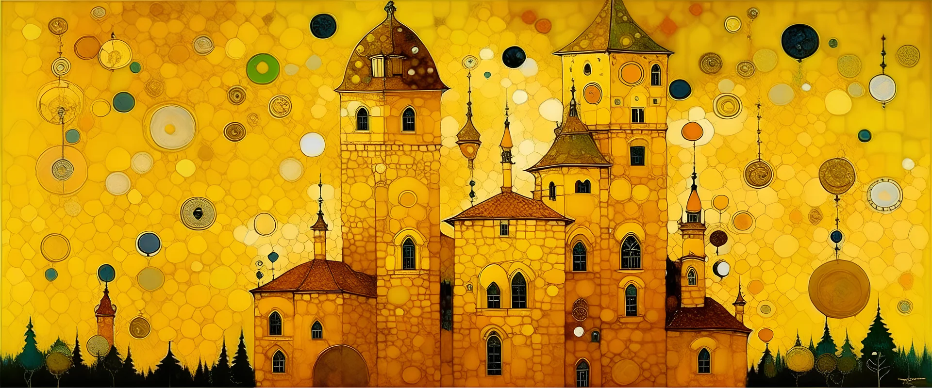 A yellow castle with clocks in daylight painted by Gustav Klimt