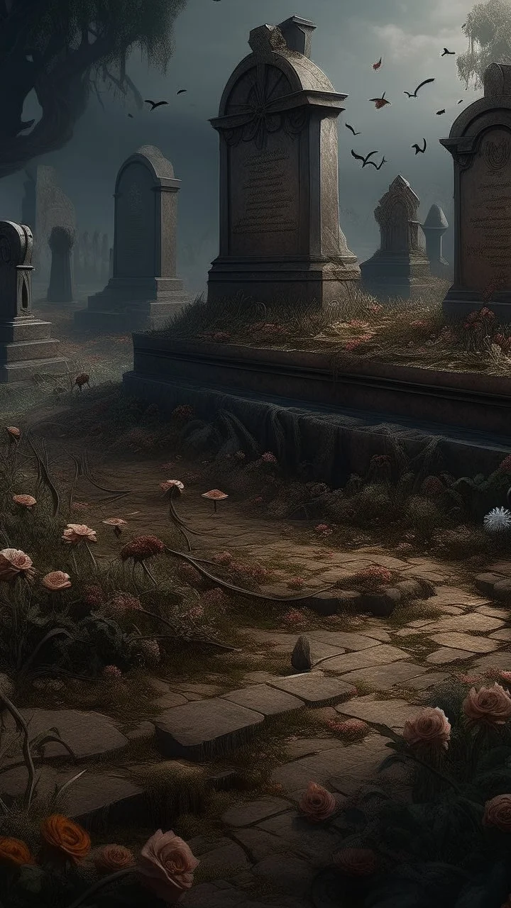 Bosch nightmares paining style Title:a grave yard brown stone written on it a dry dark color flowers 8k artistic photography, photorealistic concept art, soft natural volumetric cinematic perfect light, chiaroscuro, award-winning photograph, masterpiece, oil on canvas, Raphael, Caravaggio, Greg Rutkowski, people, beksinski, Giger