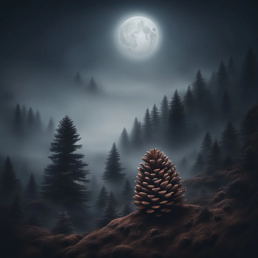 Hyper Realistic Pinecone trees on a foggy mountain at dark night