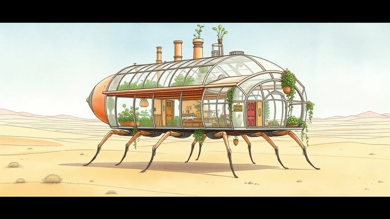 Acuarela fantástica al estilo de Moebius: casa experimental que camina sobre patas de insecto, con invernaderos transparentes, chimeneas orgánicas y jardines colgantes. Líneas delicadas, colores pastel y desierto infinito, como un refugio nómada de otro planeta.