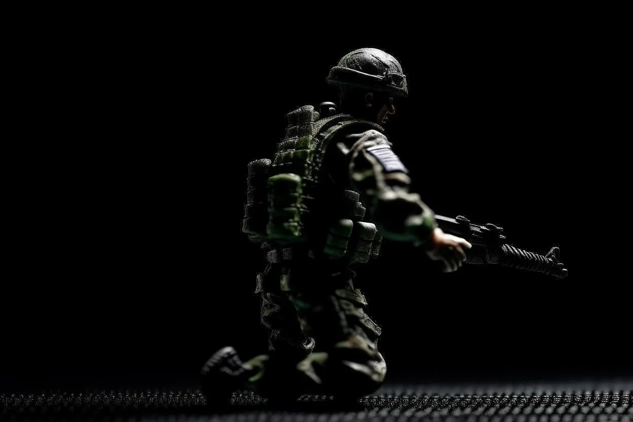 toy soldier military operation apocolypse looking away from camera to right corner black floor black blackground