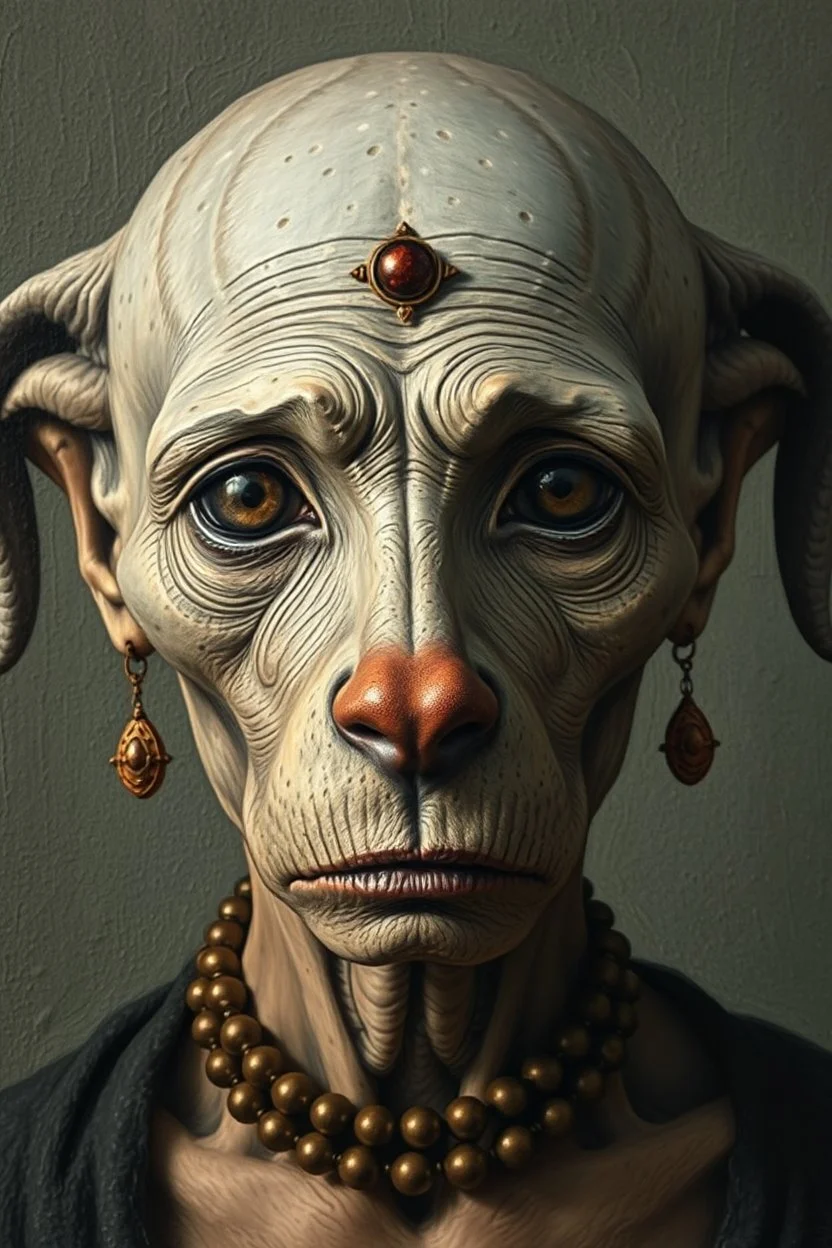 Busch painting style nightmare, an old Egyptian woman, her skin texture made of grey dog Webber with fire brown small dots , she is without hair or
