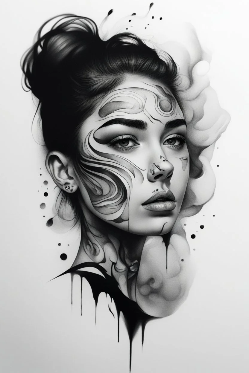 A realistic drawing in negative space black ink on white background of a beautiful girl with abstract face tattoos to enhance her face max enrist