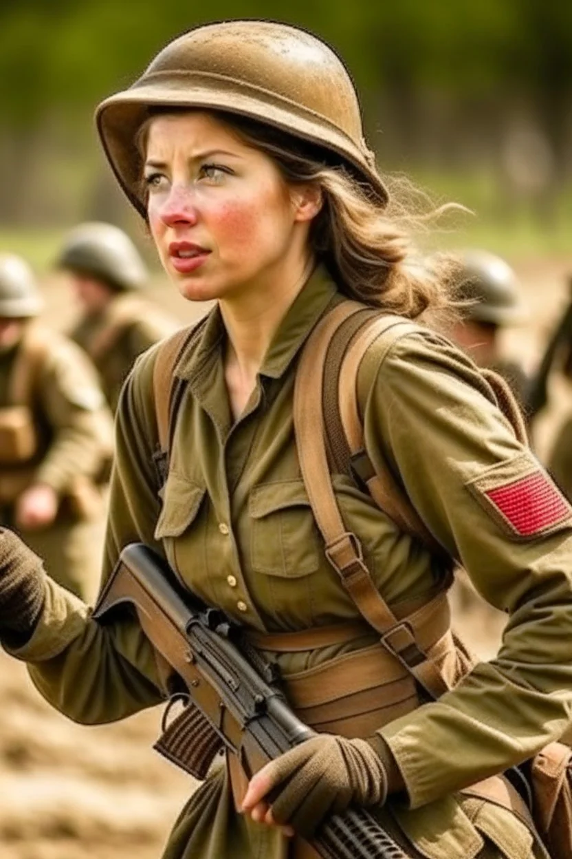 a beautiful American woman army fighting in war field