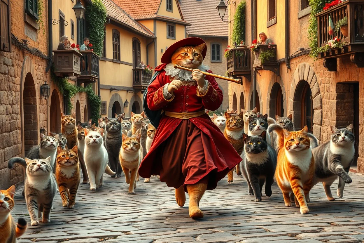 "The Cat Pied Piper of Hamelin, dressed in flowing, colorful Renaissance garments, playing a magical flute, followed by a majestic parade of cats in all sizes and colors, walking in perfect harmony along old cobblestone streets, Renaissance buildings with ivy, curious townsfolk leaning out of balconies with astonished faces, golden-hour lighting, high fantasy, highly detailed, 8K, hyper-realistic, magical realism --v 7 --ar 21:9 --style raw --q 2"