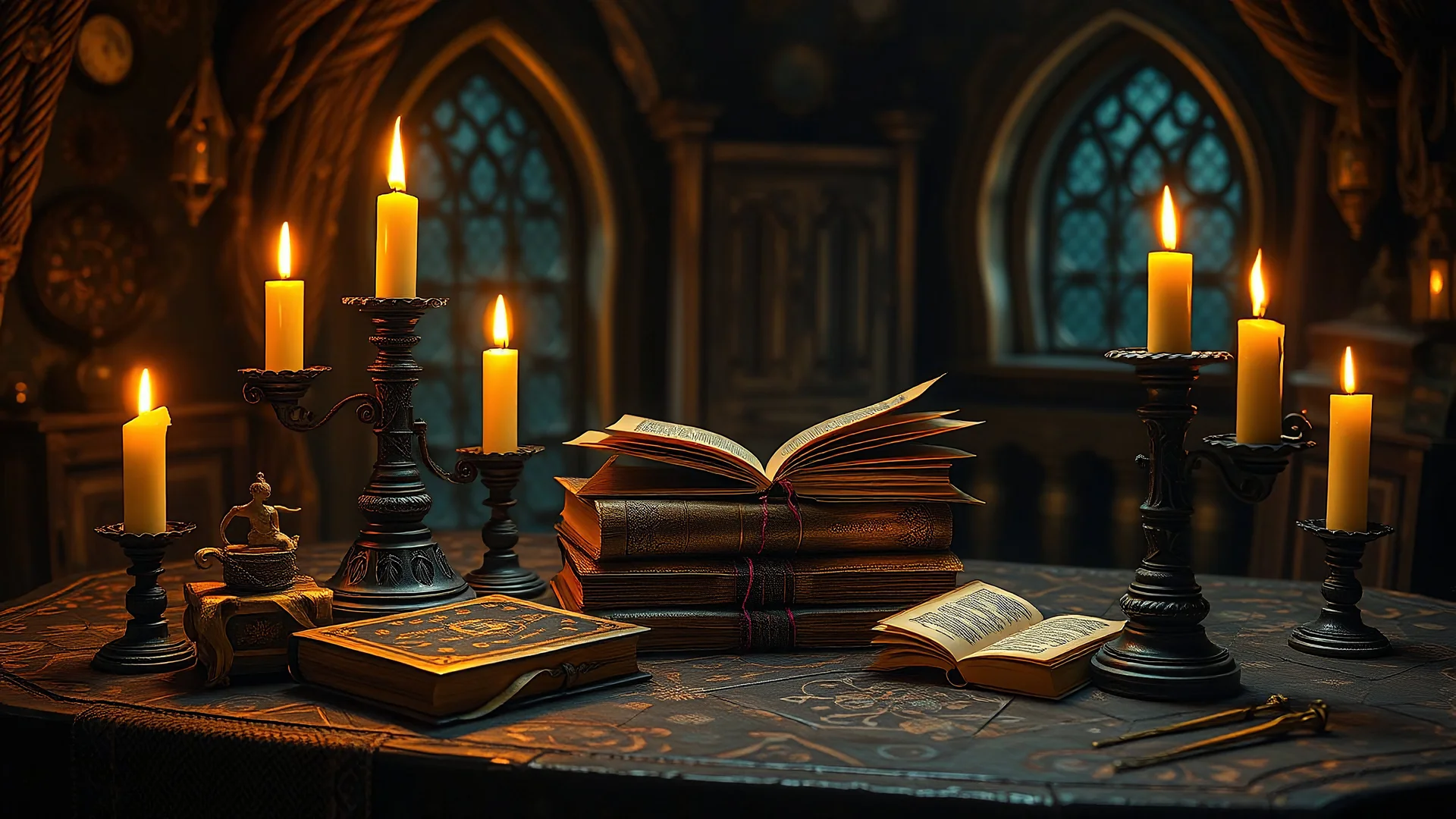 enchanted magic books and candles on fairy tale table in lair, orange, yellow, 8k, high quality, trending art, trending on artstation, sharp focus, studio photo, intricate details, highly detailed, by tim burton