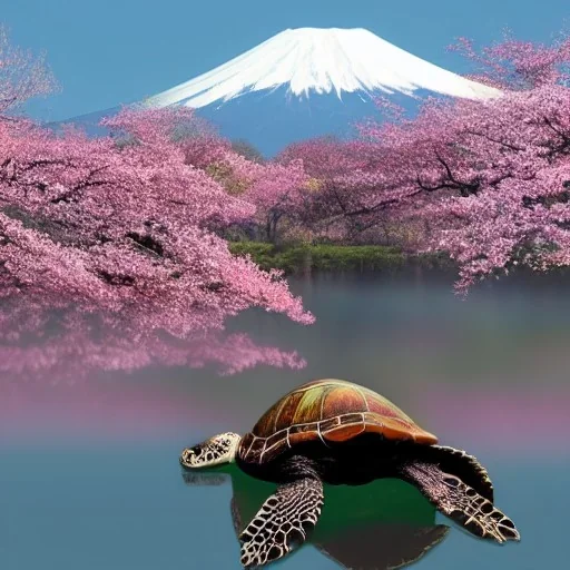 Turtle and Mount Fuji and cherry blossoms