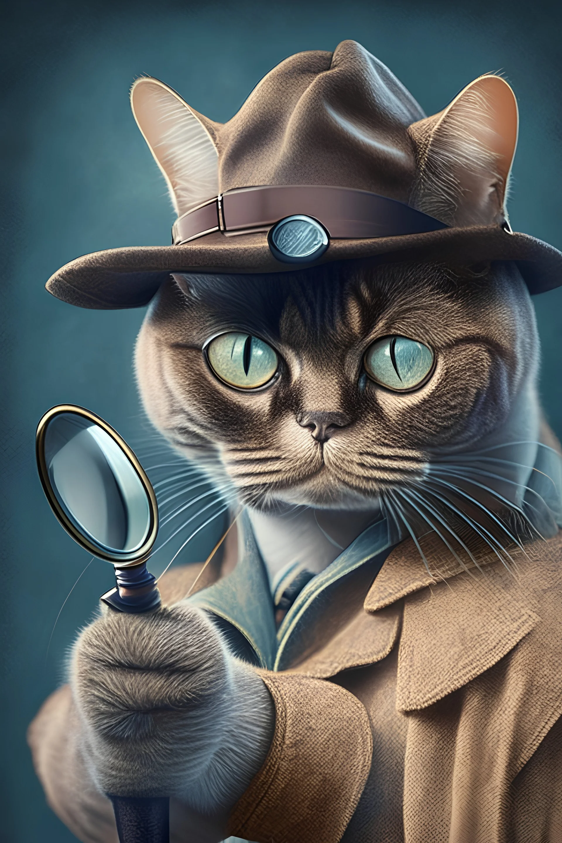 Portrait of a detective cat wearing a trilby and holding a magnifying glass