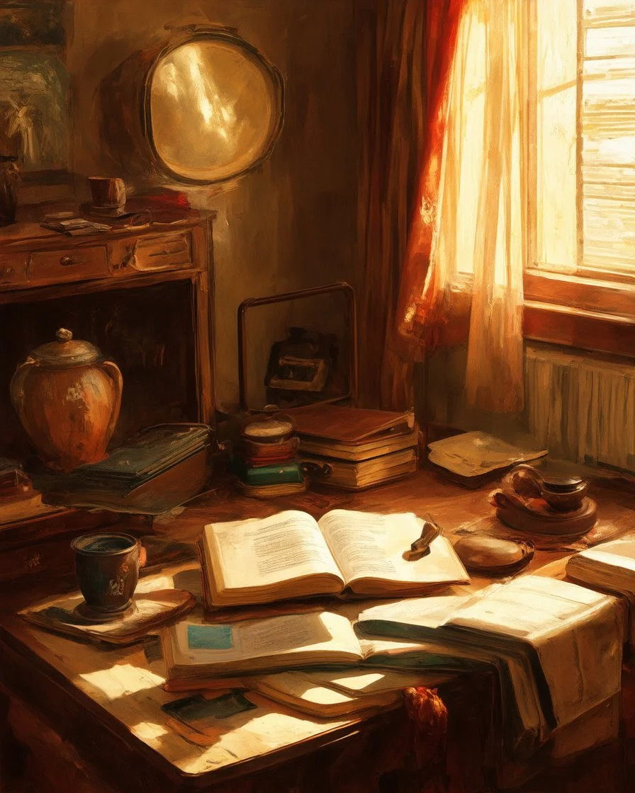 Very old stuff in a room, wide angle view, nostalgia, '50 style, artistic rendering