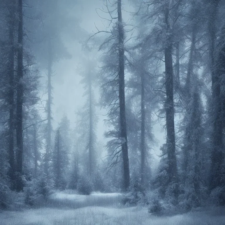 lost in the woods, winter landscape, ice field, crystals, surreal, dreamlike, foggy