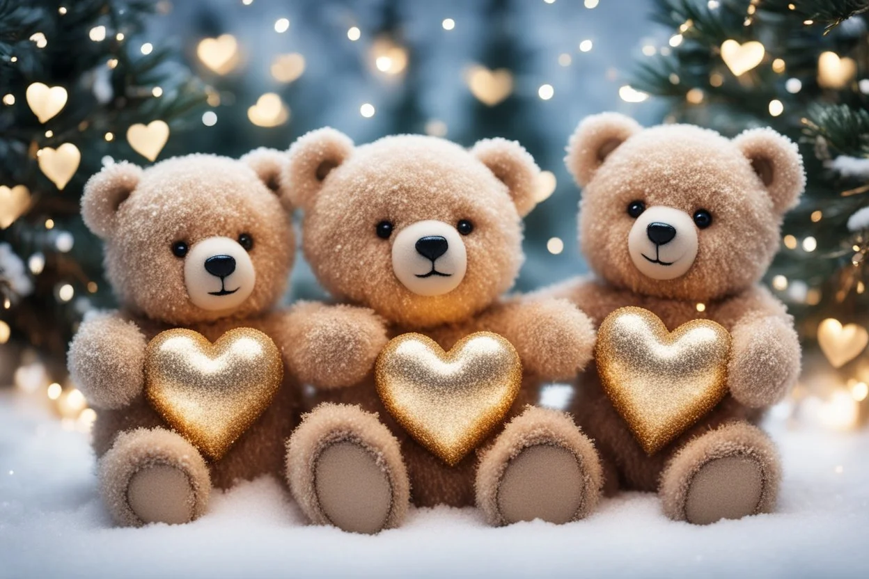 cute teddy bears holding hearts covered in sparkling gold glitter, beautiful winter composition, snowflakes, pine branches, Christmas ornaments and glowing Christmas lights