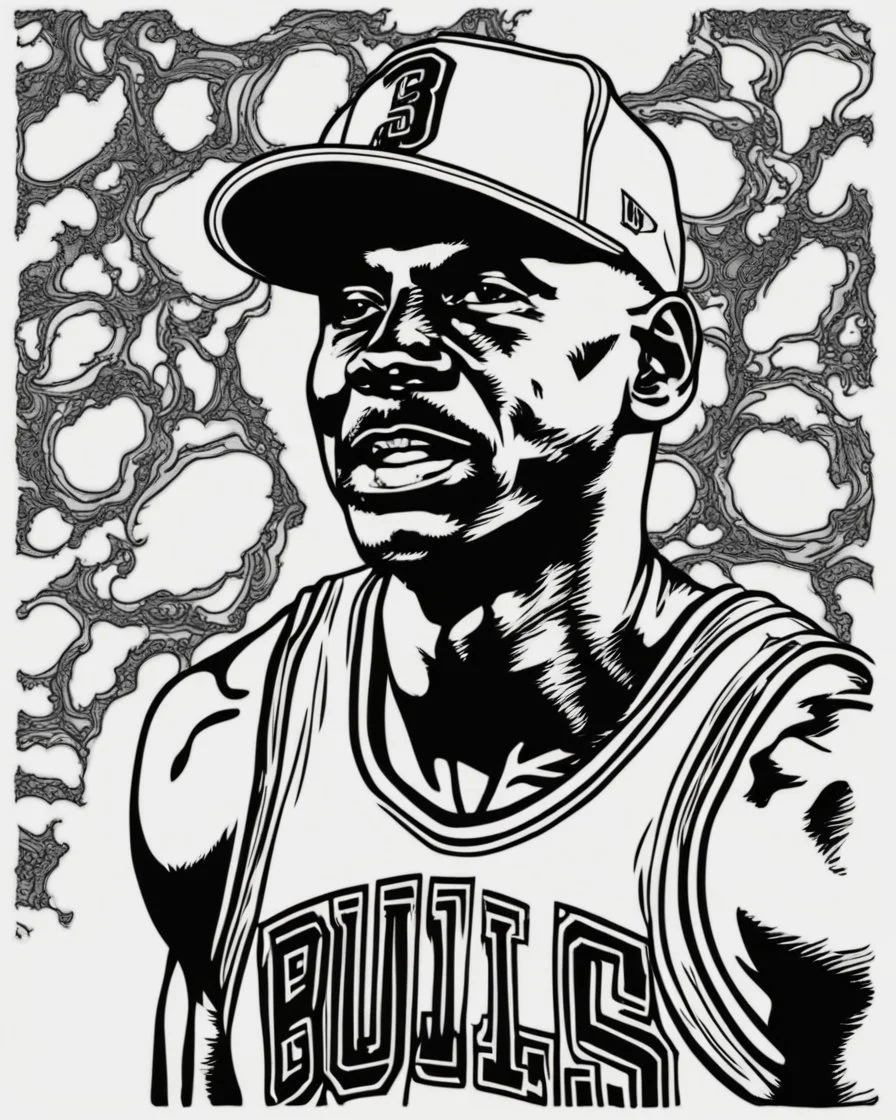 Outline art for coloring pages with MICHAEL JORDAN, white background, only use black outline, white background, no shadows and well and clear outline