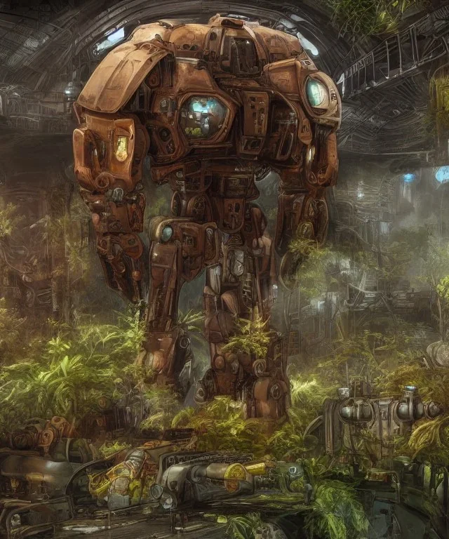 Large rusty mechwarrior inside a futuristic steampunk space ship with plants and animals