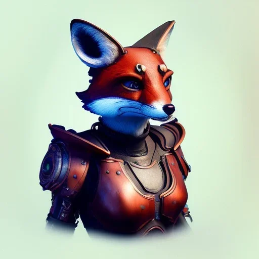 A steampunk Armor wearing Fox,cyberpunk, character design,ultra realistic,shiny, smooth, studio quality, octane render, Surrealism, Triadic colour scheme,ambient lighting polaroid, 100mm