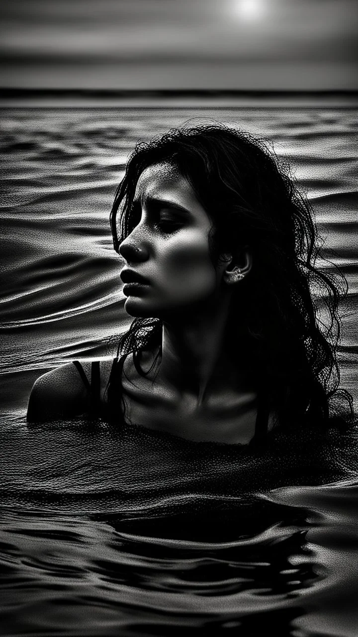 Mourning in dephts of ocean. A woman sinking sadly