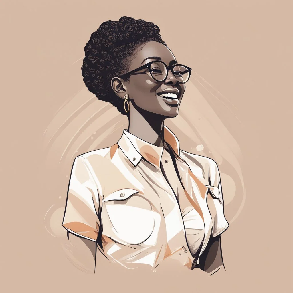 Generate a minimalistic illustration of a female figure in a simple and elegant style.modern aesthetic, centered, african lady, eyeglasses, having fun, laughing, enjoying, cool, upper body, color code "8D99AE", color code"FB8500", color code "FFB703".